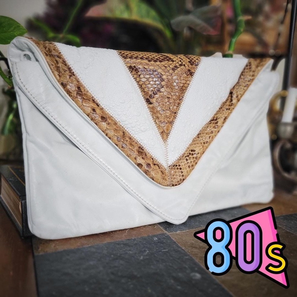 Clutch Bag Purse Leather Genuine Snakeskin Vintage 80s Envelope Large Handbag‎